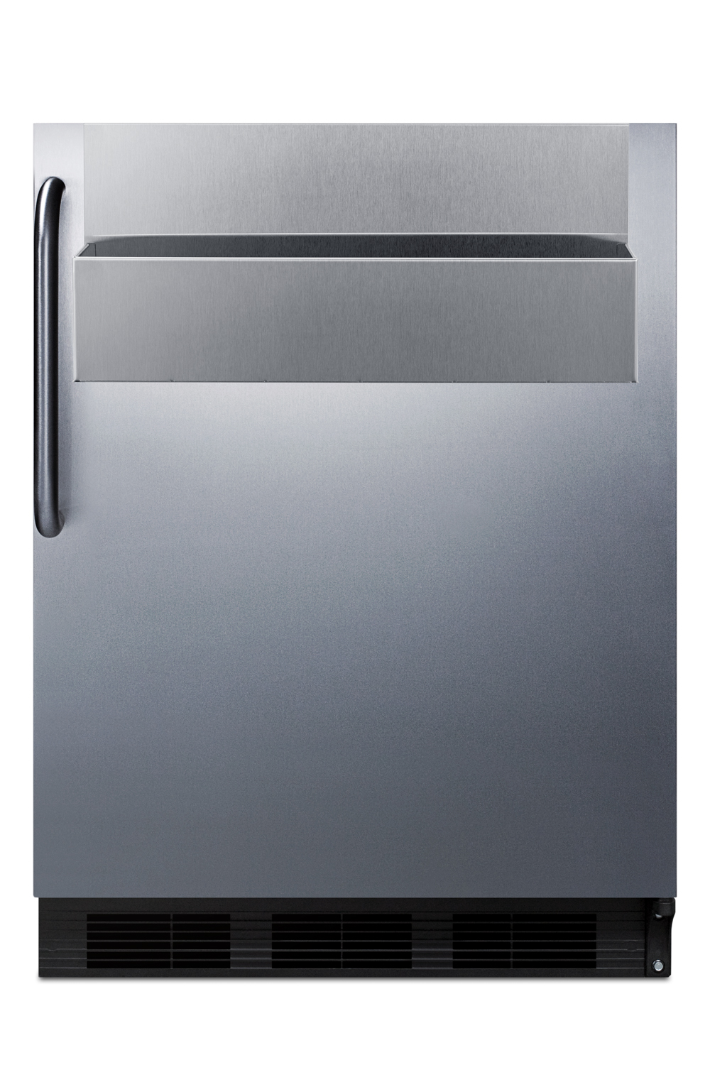 Commercially listed freestanding all-refrigerator for commercial use, auto defrost w/SS wrapped door, removable Speed Rail, towel bar handle, and black cabinet